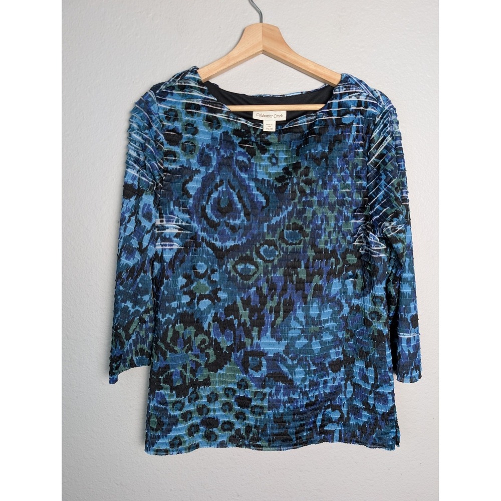 Coldwater Creek Blouse Womens S Blue Animal Print Pleated 3/4 Sleeve Lined Top